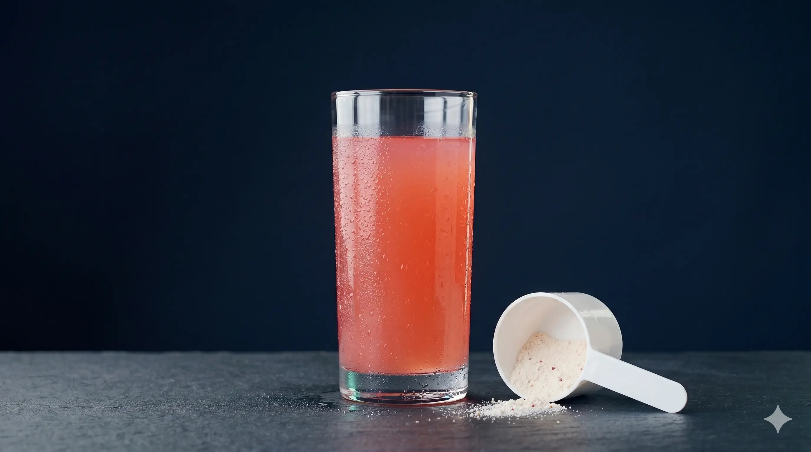 A clear glass filled with a translucent fruit-colored protein drink on a dark studio surface, backlit with teal rim light