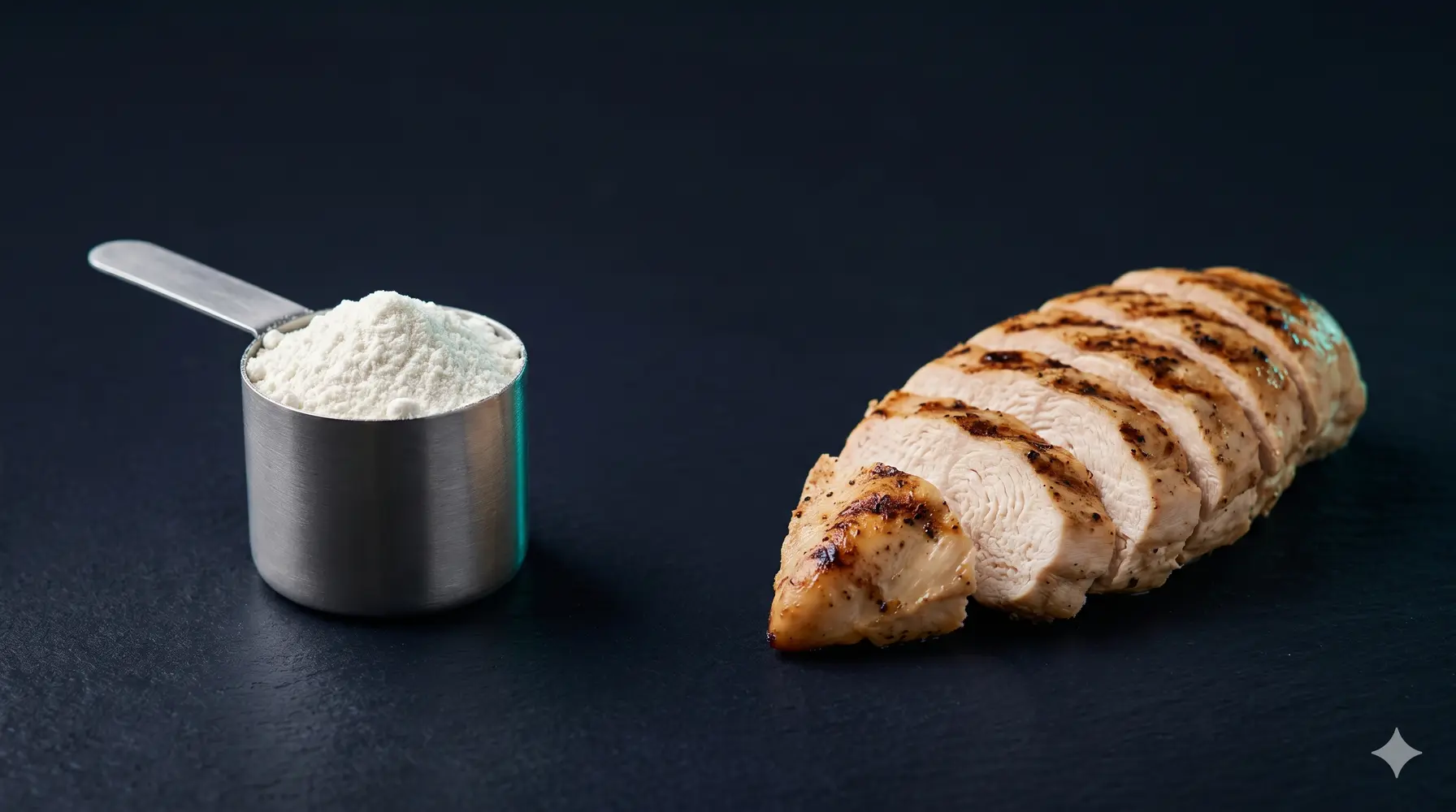A protein powder scoop and a grilled chicken breast side by side on a dark surface, lit by contrasting warm and teal studio lighting.