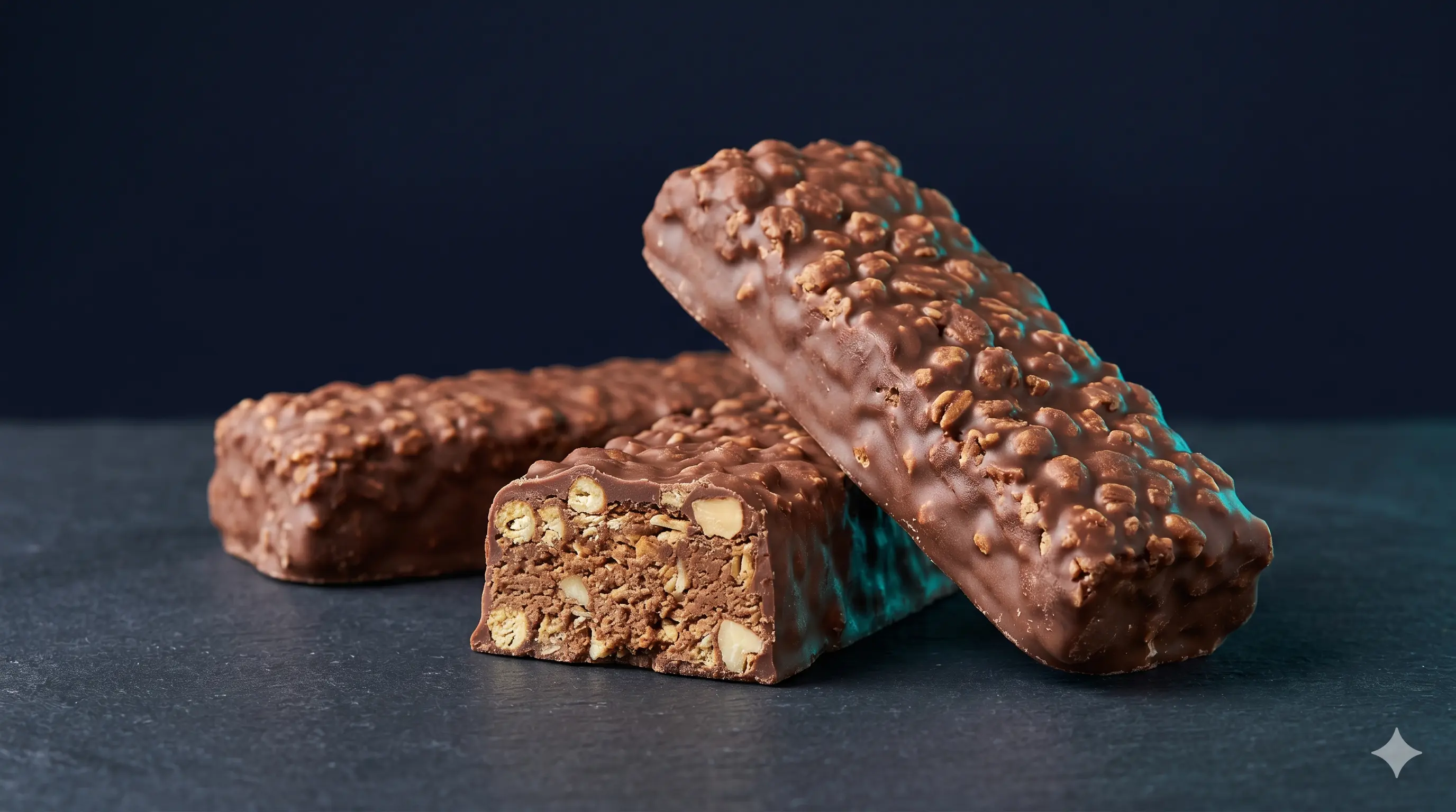 Several protein bars with dense, layered textures arranged on a dark studio surface with teal accent lighting