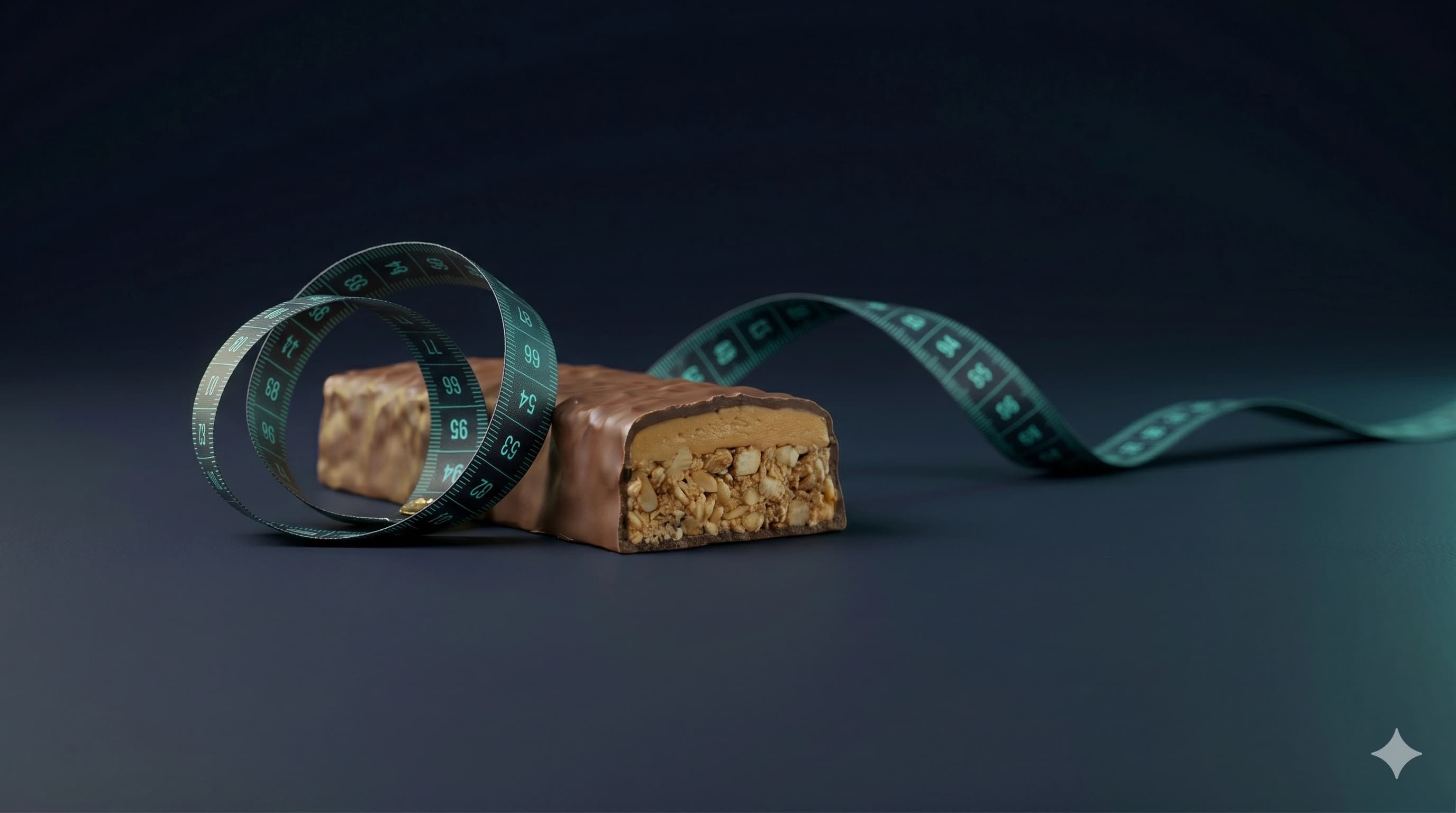 A protein bar cross-section, protein puffs, and a protein cookie arranged on a dark surface with a teal accent light