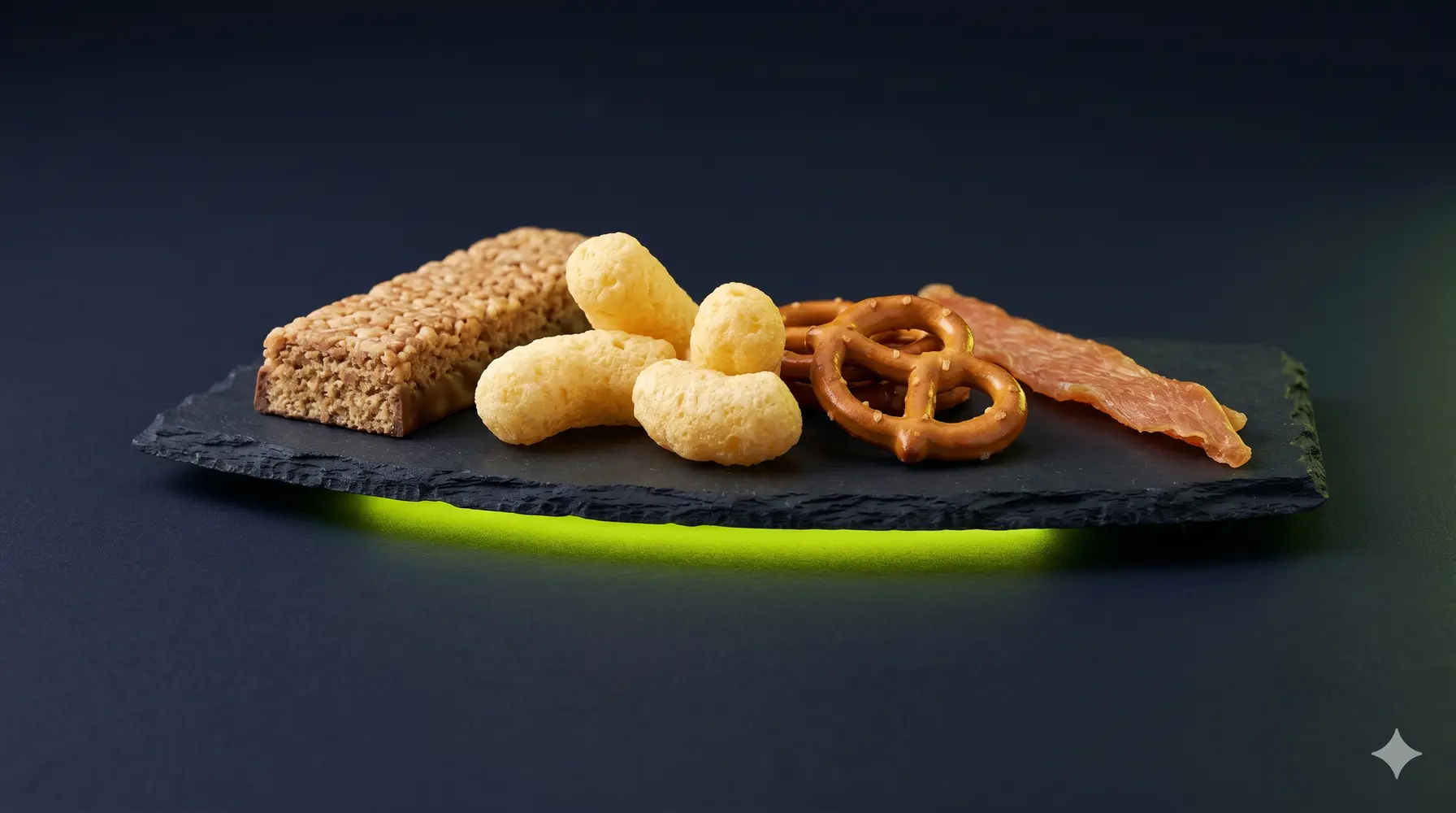 A curated spread of different protein snack formats — a bar, puffs, pretzels, and a chicken strip — arranged on a dark studio surface.