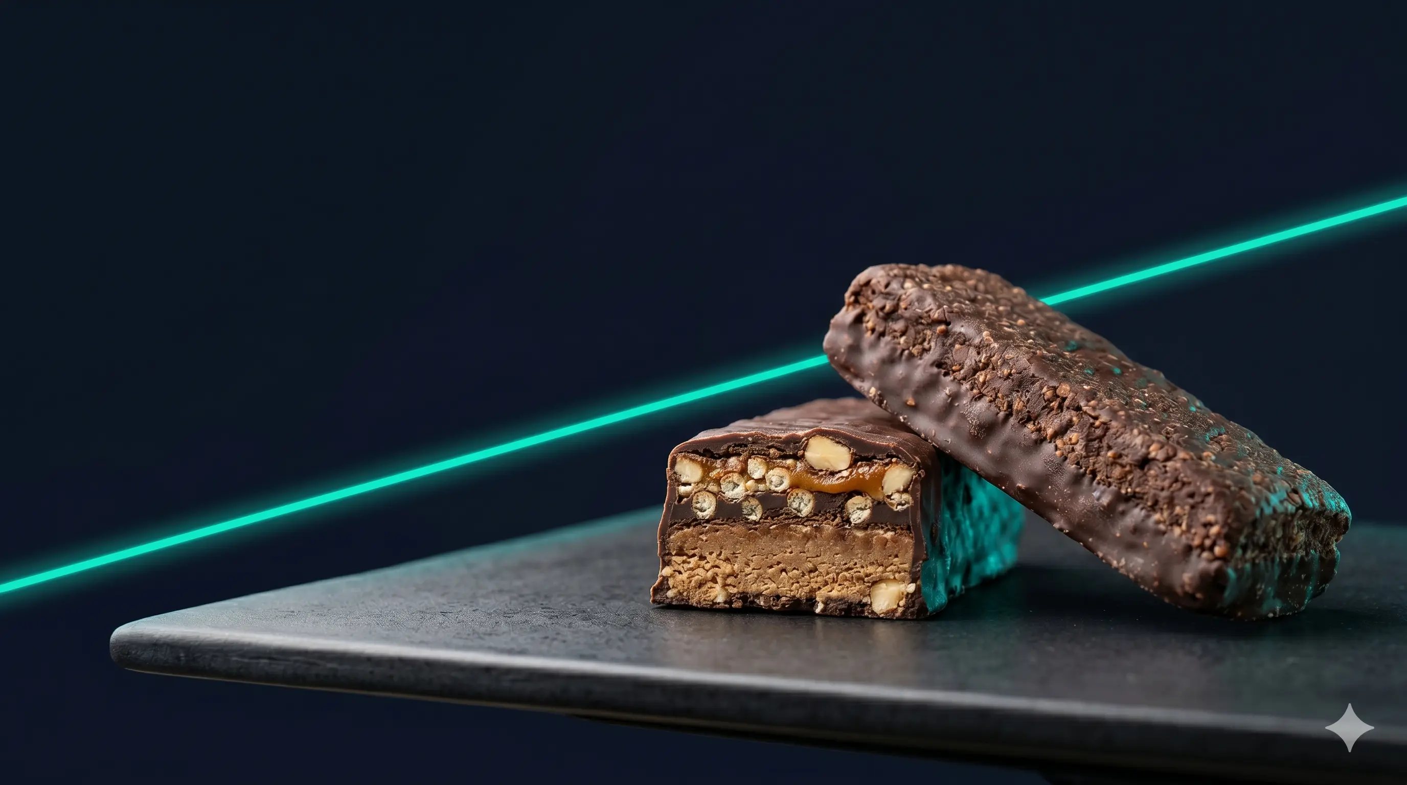 Protein bars with cross-sections visible, arranged on a dark matte surface with a teal accent light