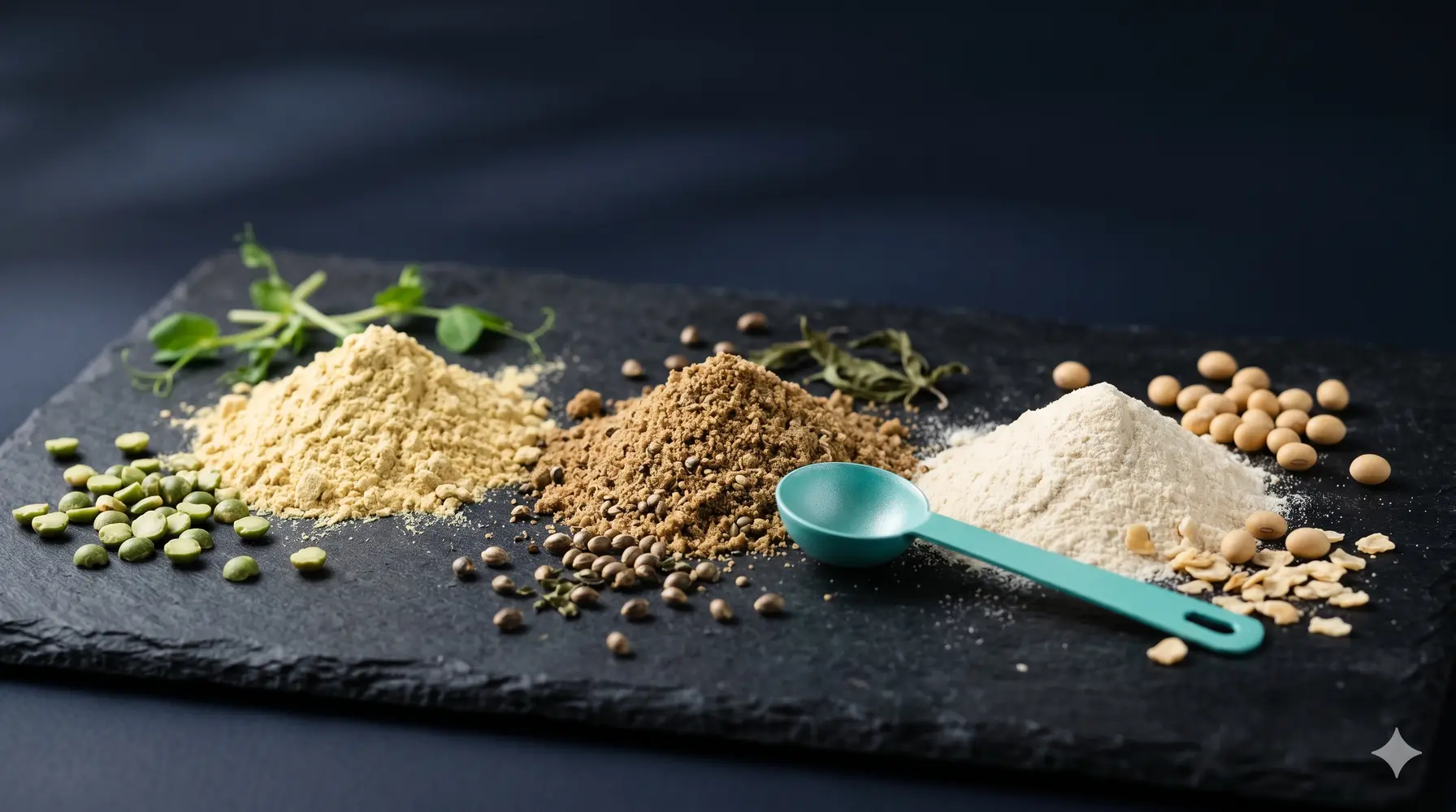 Several scoops of plant-based protein powder in earthy tones arranged on a dark surface with scattered seeds and grains.